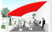 Illustration eines Straßencafés mit roter Markise und Menschen, die sich entspannen